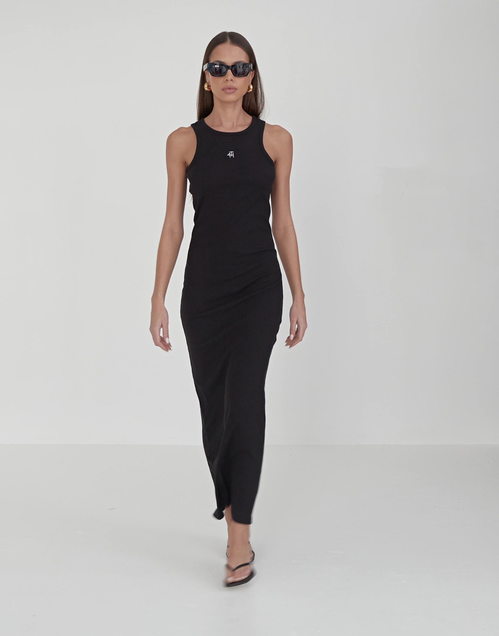 4th & reckless premium ribbed embroidered logo racer back maxi dress in black