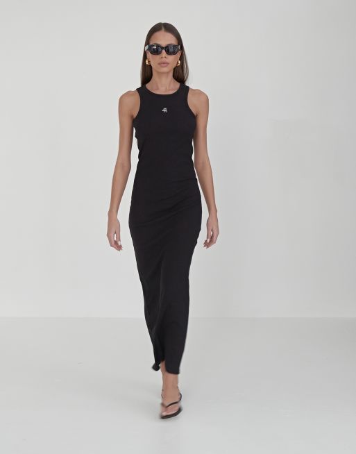 4th & Reckless premium ribbed embroidered logo racer back maxi dress in black