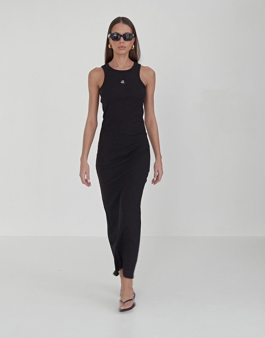 4th & Reckless premium ribbed embroidered logo racerneck maxi dress in black