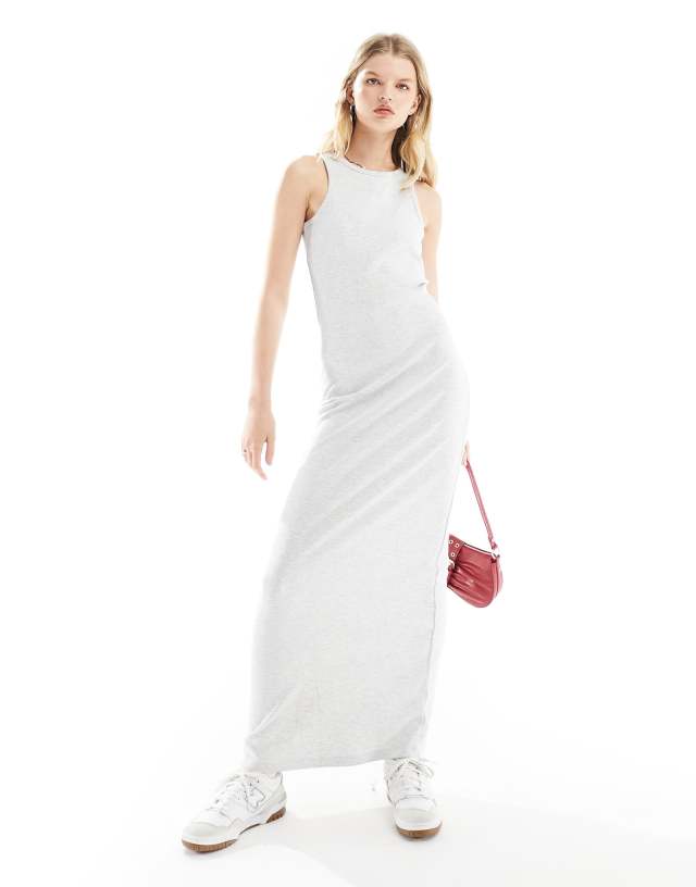 4th & Reckless - premium ribbed embroidered logo racerneck maxi dress in grey