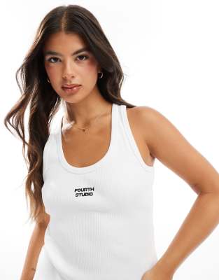 4th & Reckless Premium Ribbed Embroidered Logo Tank Top In White