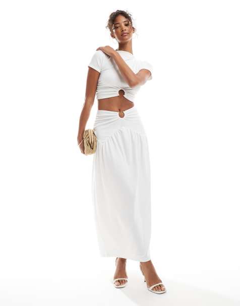 4th & Reckless double layered slinky gold hardware detail dropped waist maxi skirt co-ord in white 