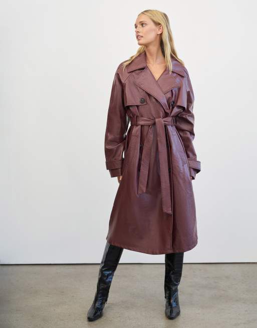 Maroon leather trench outlet coat