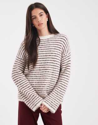 Pull ras de cou en laine mélangée texturée avec manches amples - Bordeaux-Rouge 36