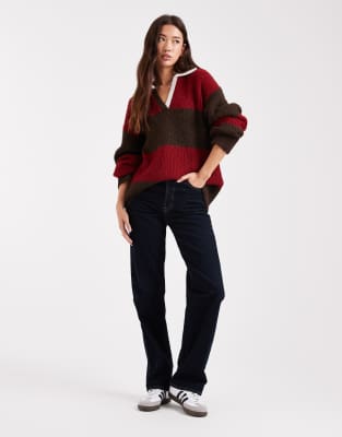 Pull style rugby oversize en maille de laine mélangée à rayures - Cerise et chocolat-Multicolore 38