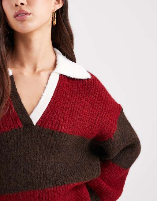 4th & Reckless - Pull style rugby oversize en maille de laine mélangée à rayures - Cerise et chocolat, 3 de 4