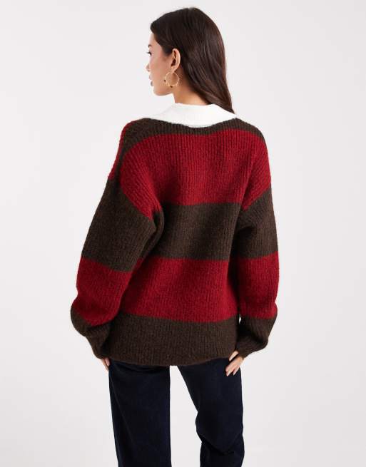 4th & Reckless - Pull style rugby oversize en maille de laine mélangée à rayures - Cerise et chocolat, 4 de 4