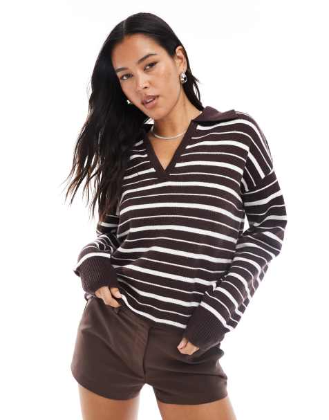 4th & Reckless – Pullover aus Strick mit Streifen in Braun und Creme, V-Ausschnitt und Rugby-Kragen - view 1