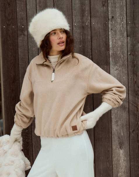 4th & Reckless quarter zip elasticated waist fleece in beige - view 1