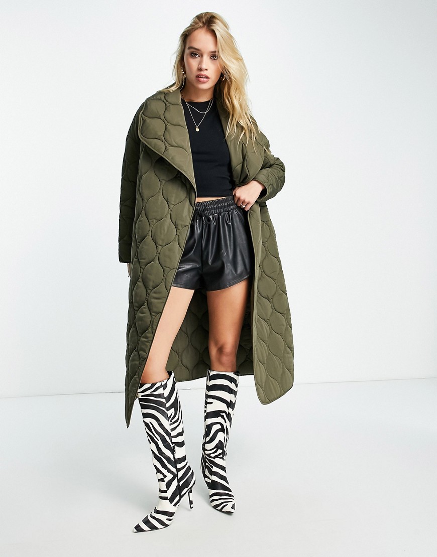 4th & Reckless quilted longline coat in khaki-Green