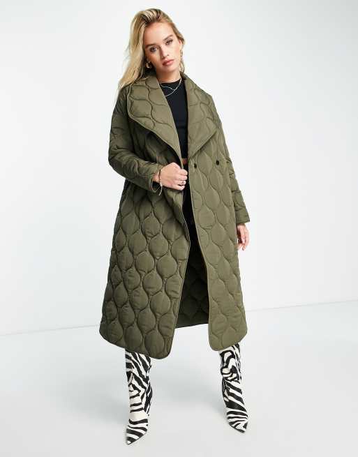 Khaki long hot sale quilted coat