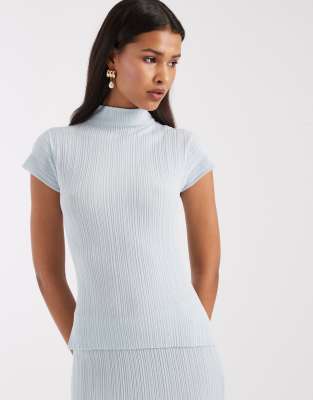 4th & Reckless Rib Knit Cap Sleeve High Neck Top In Blue