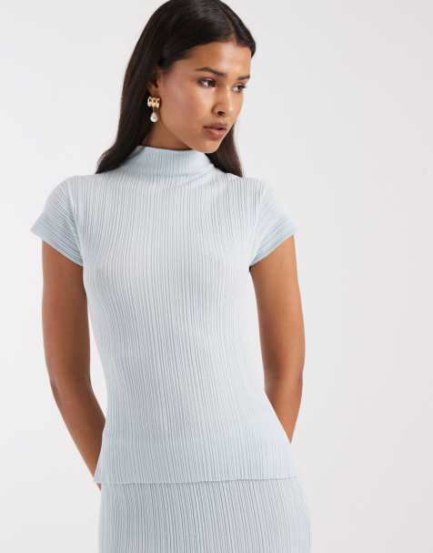 4th & Reckless rib knit cap sleeve high neck top in baby blue - part of a set - view 1