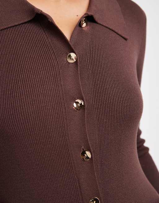 4th & Reckless rib knit gold-tone button up collared maxi dress in chocolate