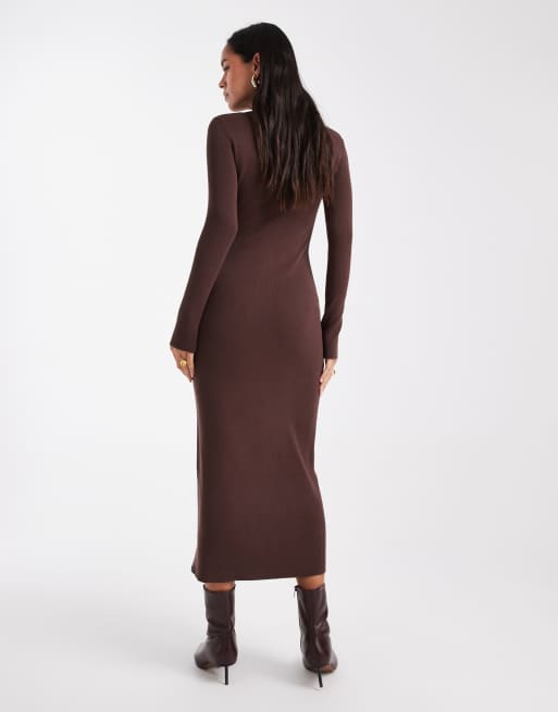 4th & Reckless rib knit gold-tone button up collared maxi dress in chocolate