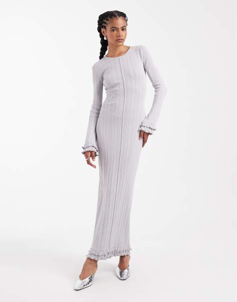 4th & Reckless rib knit lettuce edge hem long sleeve seamed front maxi dress in gray - view 1