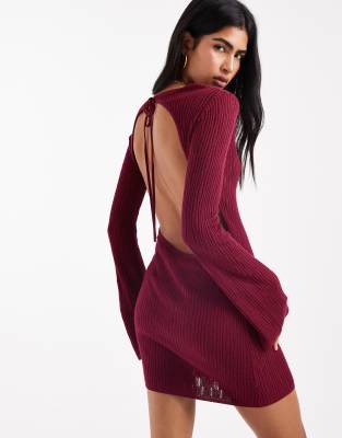 rib knit open back flare sleeve mini beach dress in burgundy-Red