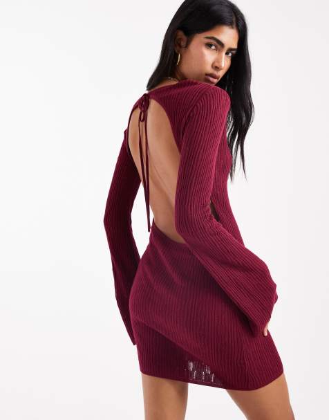 4th & Reckless rib knit open back flare sleeve mini beach dress in burgundy - view 1