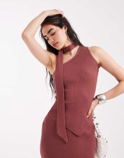 4th & Reckless rib knit scarf detail asymmetric top co-ord in rust