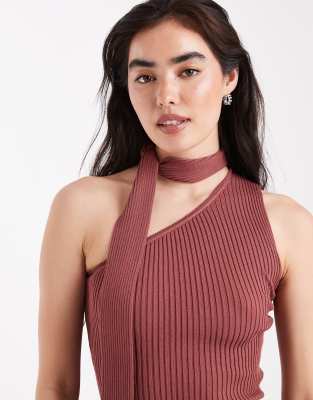 4th & Reckless Rib Knit Scarf Detail Asymmetric Top In Brown
