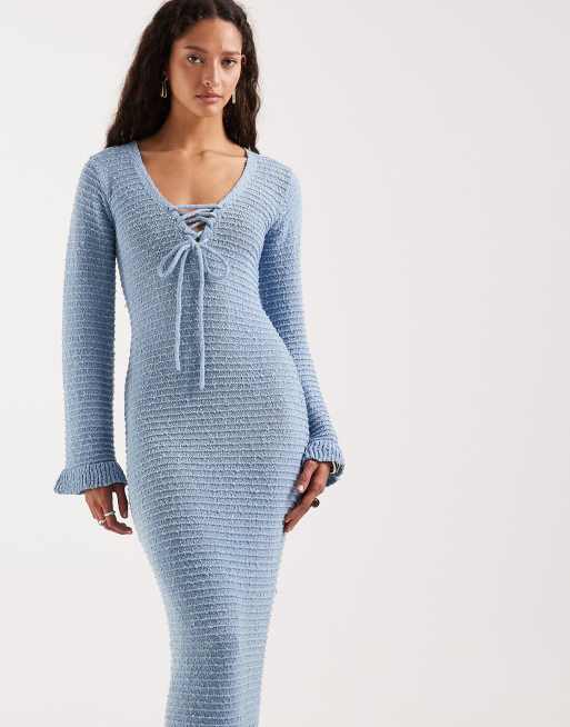 4th & Reckless rib knit tie front fluted sleeves maxi dress in blue