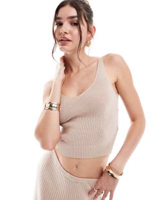 rib knit v neck top in camel - part of a set-Neutral