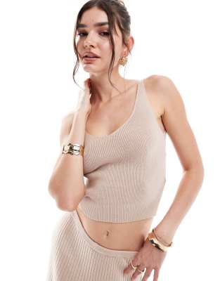 4th & Reckless 4th & Reckless rib knitted v neck top co-ord in camel-Neutral