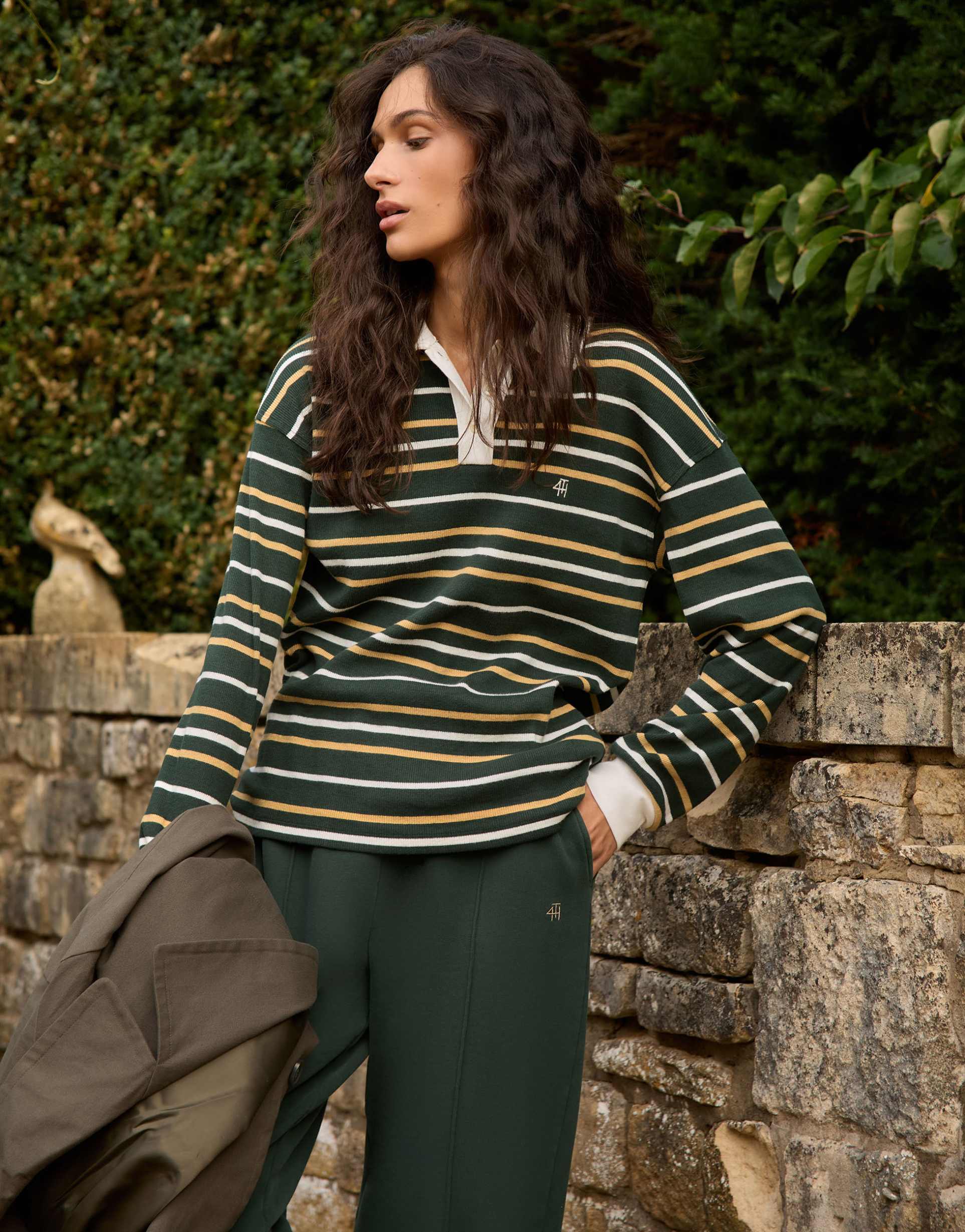 4th & reckless ribbed balloon sleeve collared rugby top in forest green stripe