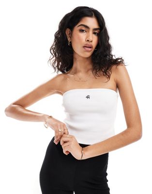 ribbed bandeau embroidered logo top in white