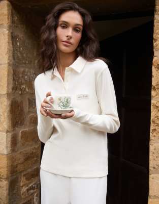 4th & Reckless 4th & Reckless ribbed collared long sleeve top co-ord in cream-White