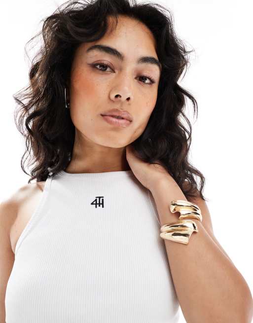 4th & Reckless ribbed embroidered logo tank top in white | ASOS