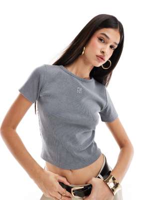 ribbed embroidered t-shirt in acid wash-Gray