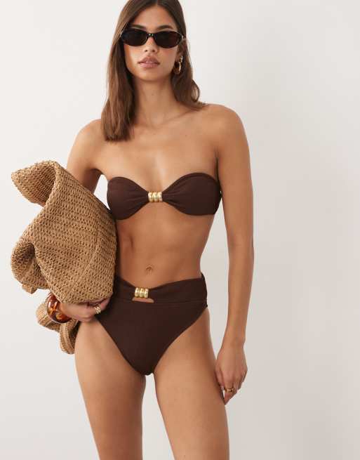 4th & Reckless ribbed gold hardware front bandeau bikini top co-ord in chocolate, 3 of 5