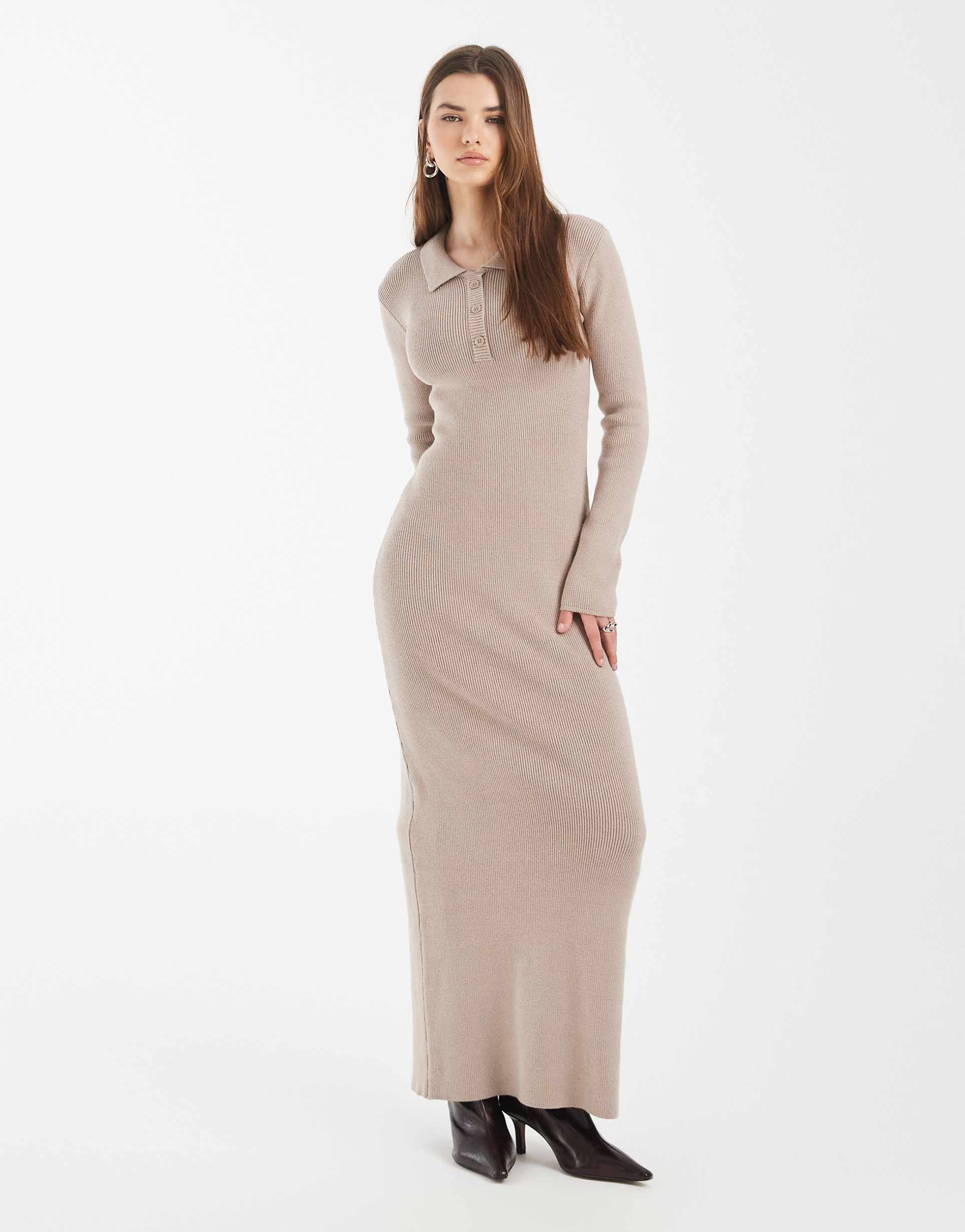 4th & reckless ribbed knit asymmetric button detail collared long sleeve maxi dress in mocha
