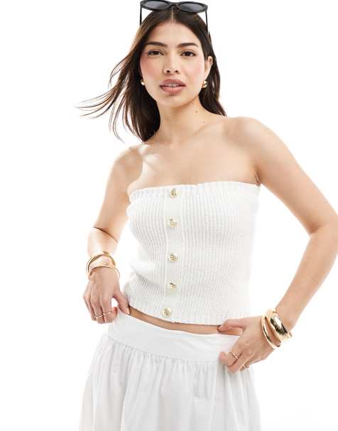 4th & Reckless ribbed knit bandeau gold button detail top in off white - view 1