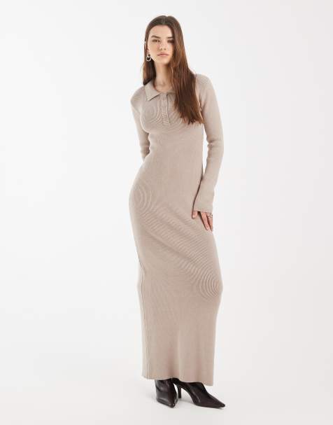 4th & Reckless ribbed knit button detail collared long sleeve maxi dress in mocha