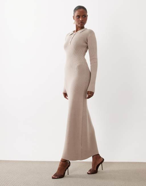 4th & Reckless ribbed knit button detail collared long sleeve maxi dress in mocha, 2 of 4
