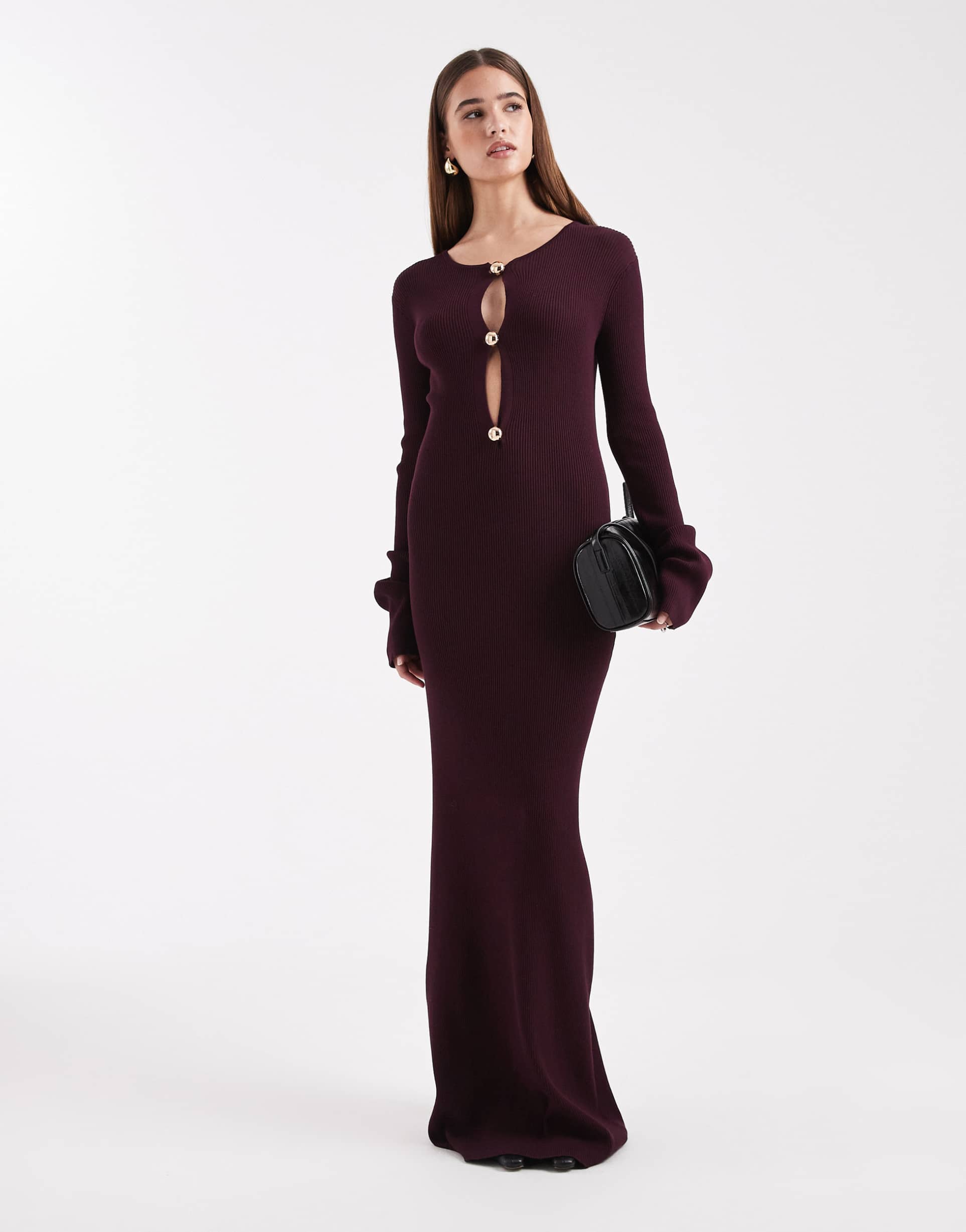 4th & reckless ribbed knit gold hardware cut out flare sleeve maxi bodycon dress in plum