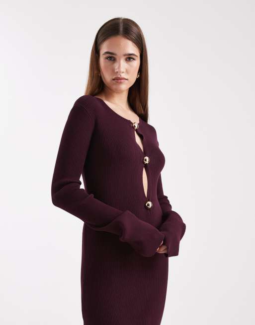 4th & Reckless ribbed knit gold hardware cut out flare sleeve maxi bodycon dress in plum