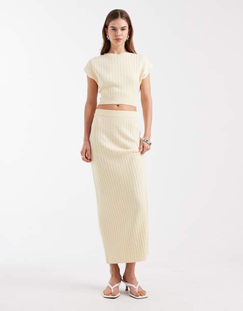 4th & Reckless ribbed knit high waisted maxi skirt co-ord in butter yellow
