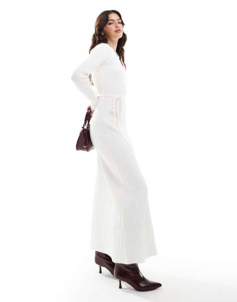 4th & Reckless ribbed knit pleat skirt detail tie waist maxi dress in white - view 1