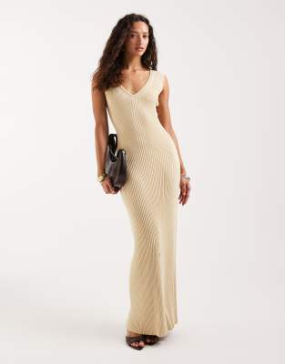4th & Reckless ribbed knit v neck maxi dress in buttercream