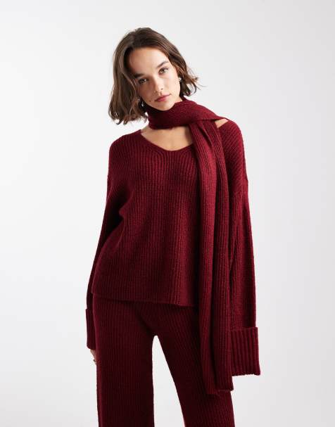 4th & Reckless ribbed knitted deep cuff v neck scarf detail jumper co-ord in burgundy - view 1