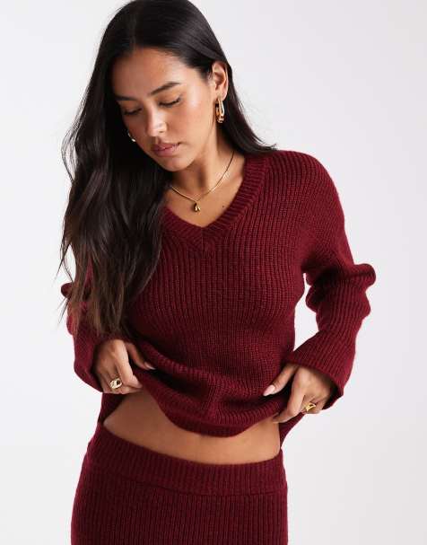 4th & Reckless ribbed knitted v neck jumper co-ord in burgundy - view 1