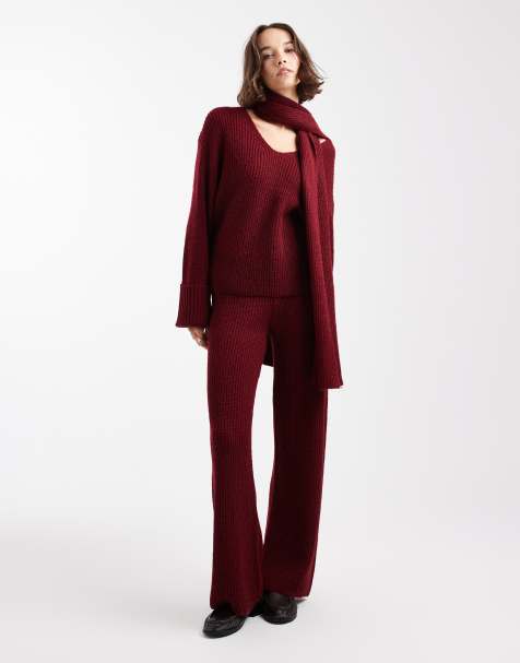 4th & Reckless ribbed knitted wide leg trousers co-ord in burgundy - view 1
