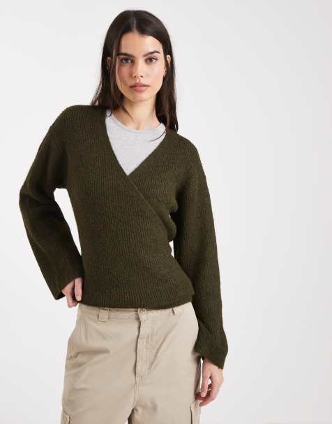 4th & Reckless ribbed knitted wrap tie cardigan in olive - view 1