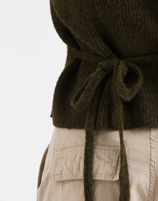 4th & Reckless ribbed knitted wrap tie cardigan in olive, 4 of 4