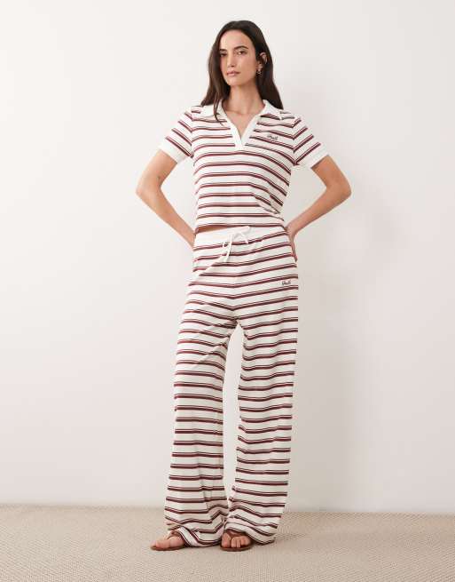 4th & Reckless ribbed logo front collared polo top co-ord in cream & rust stripe, 2 of 4