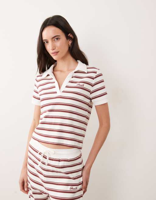 4th & Reckless ribbed logo front collared polo top in cream & rust stripes - part of a set, 4 of 4