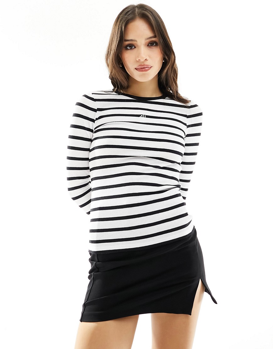 4th & Reckless ribbed logo long sleeve top in black and white stripe-Multi